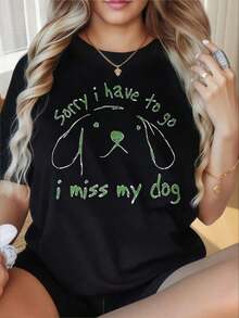 Camiseta de Mujer con Cuello Redondo y Mangas Cortas, Estampado Divertido. Lamentablemente, tengo que irme, pero me falta a mi perro. Camiseta con Gráfico de Cara de Perro para Mujer, Top Casual Negro, Linda Camiseta para Amantes de Mascotas. Adecuada para el Día de San Valentín, Fiestas de Navidad, Actividades Deportivas, Fiestas de Vacaciones, Salidas, Deportes y Otros Regalos Festivos (220g). playeras de mujer - Negro - Ver 1
