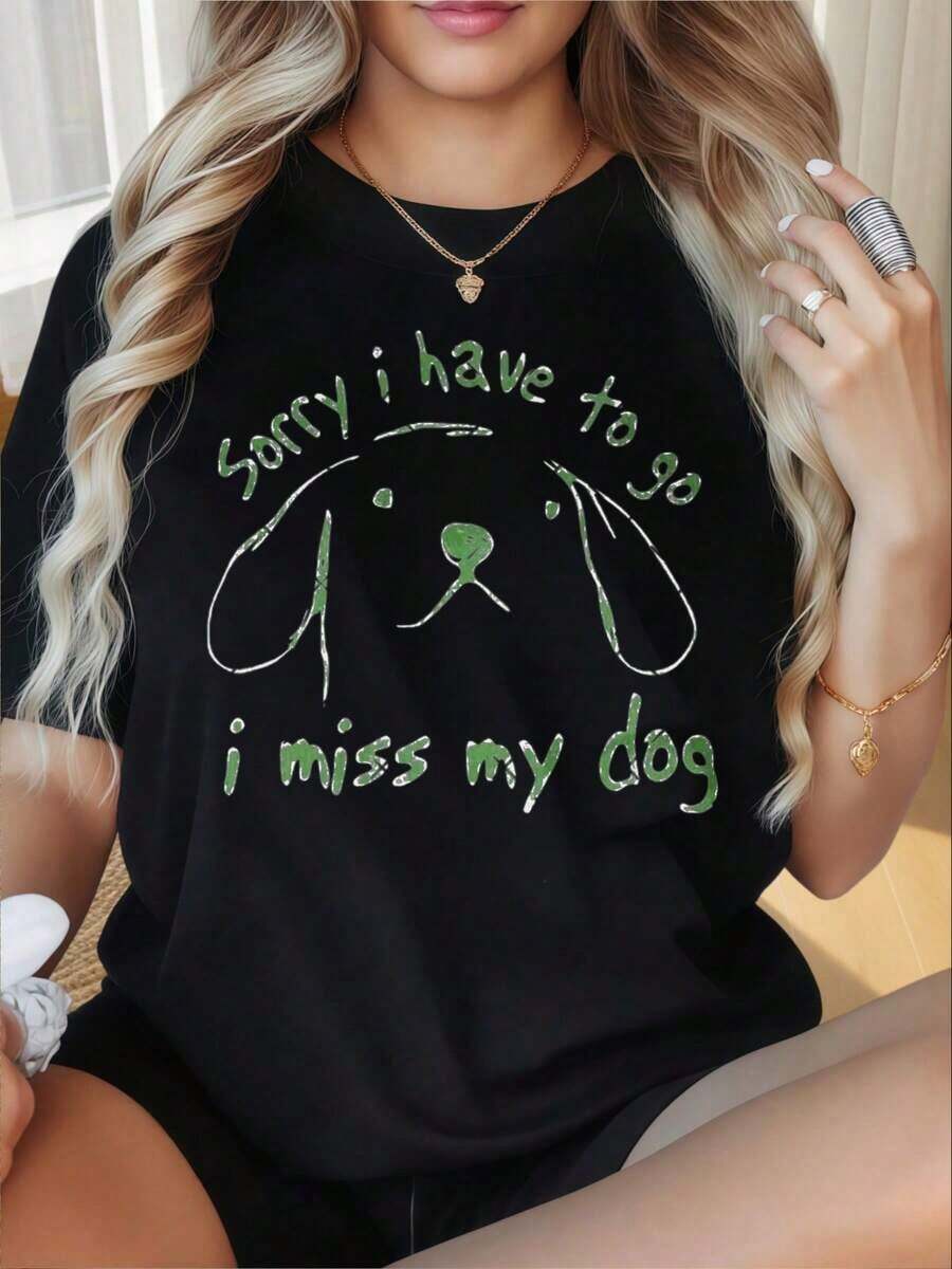Camiseta de Mujer con Cuello Redondo y Mangas Cortas, Estampado Divertido. Lamentablemente, tengo que irme, pero me falta a mi perro. Camiseta con Gráfico de Cara de Perro para Mujer, Top Casual Negro, Linda Camiseta para Amantes de Mascotas. Adecuada para el Día de San Valentín, Fiestas de Navidad, Actividades Deportivas, Fiestas de Vacaciones, Salidas, Deportes y Otros Regalos Festivos (220g). playeras de mujer - Negro - Ver 1