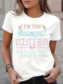 Camiseta genial informal para mujer con estampado "Soy la hermana menor, las reglas no se aplican a mí", cuello redondo, manga corta, para uso casual, reuniones familiares, cumpleaños, tela cómoda, ideal para regalar, a la moda. - Blanco - Ver 8