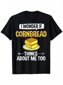 Women's Cornbread Baking T-Shirt | Oversized Crew Neck T-Shirt, 100% Heavyweight 180g Cotton, With "I Wonder If Cornbread Thinks About Me Too" Slogan And Cornbread Slice Design - Sizes 0XL-5XL For Baking Lovers, Halloween Costumes - 黑色 - 查看 1