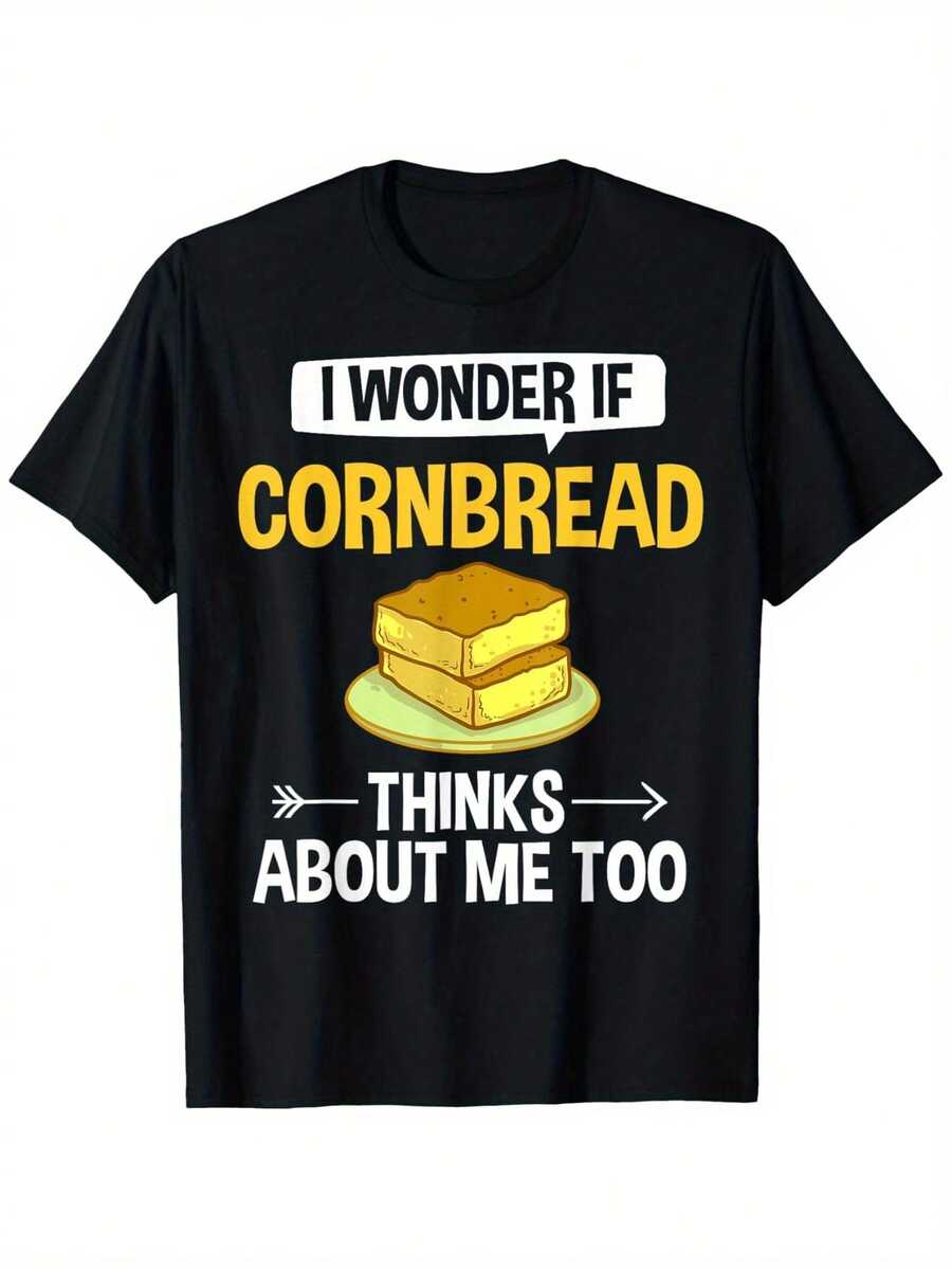 Women's Cornbread Baking T-Shirt | Oversized Crew Neck T-Shirt, 100% Heavyweight 180g Cotton, With "I Wonder If Cornbread Thinks About Me Too" Slogan And Cornbread Slice Design - Sizes 0XL-5XL For Baking Lovers, Halloween Costumes - 黑色 - 查看 1
