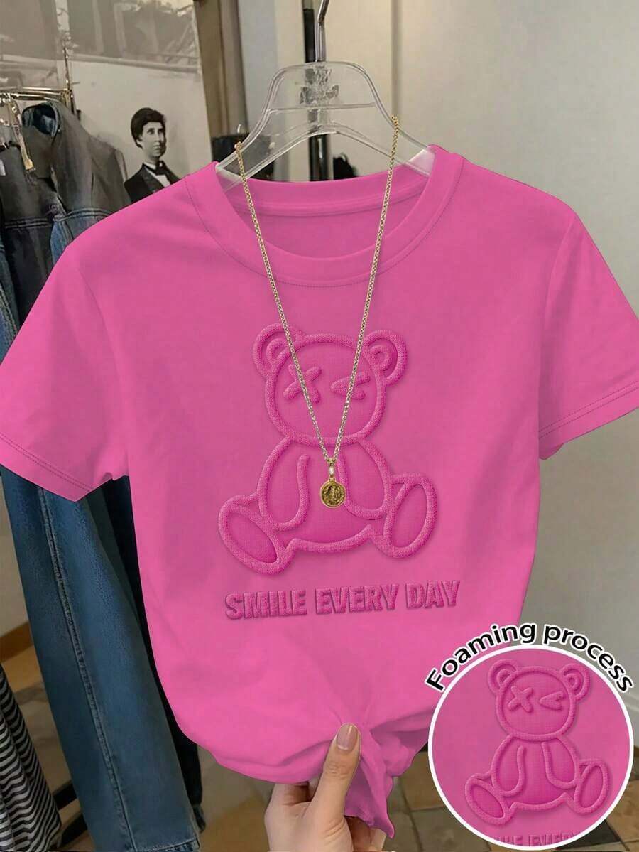Camiseta de mujer de manga corta, cuello redondo y estampado de oso, de estilo casual - Rosa Fucsia - Ver 1