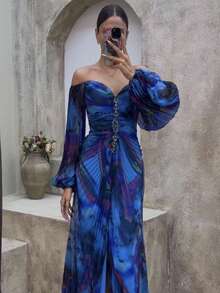 Long Pleated Dress With Long Sleeves, Casual Style For Autumn And Winter - Blue - View 2