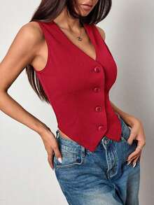 Chaleco de punto ajustado de unicolor con cuello en V y sin mangas para damas en otoño/invierno - Rojo - Ver 6