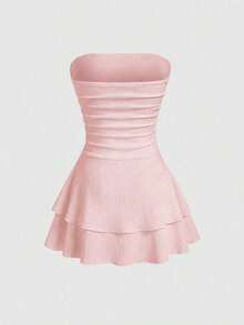 Vestido mini de punto sin tirantes de unicolor minimalista para mujer, vestido de pastel de múltiples capas - Rosa Pálido - Ver 2