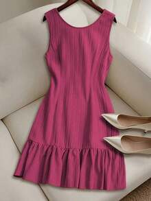 Vestido casual mini de mujer con tirantes de amarre, espalda descubierta, sin mangas, corte evasé y dobladillo con volantes - Rosa - Ver 7