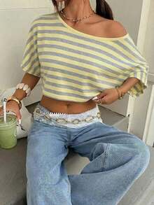 Camiseta de mujer de punto a rayas de estilo minimalista y casual, de un hombro, con efecto dopamina, adecuada para el uso diario, citas, reuniones, otoño/invierno/verano, Navidad, Año Nuevo, Acción de Gracias, fiestas, bodas, playa, ceremonias de graduación, moda, elegante, casual, salidas, citas, reservas, viajes, brillante, Día de San Valentín, vacaciones, Y2K y otras ocasiones. - Multicolor 2 - Ver 6