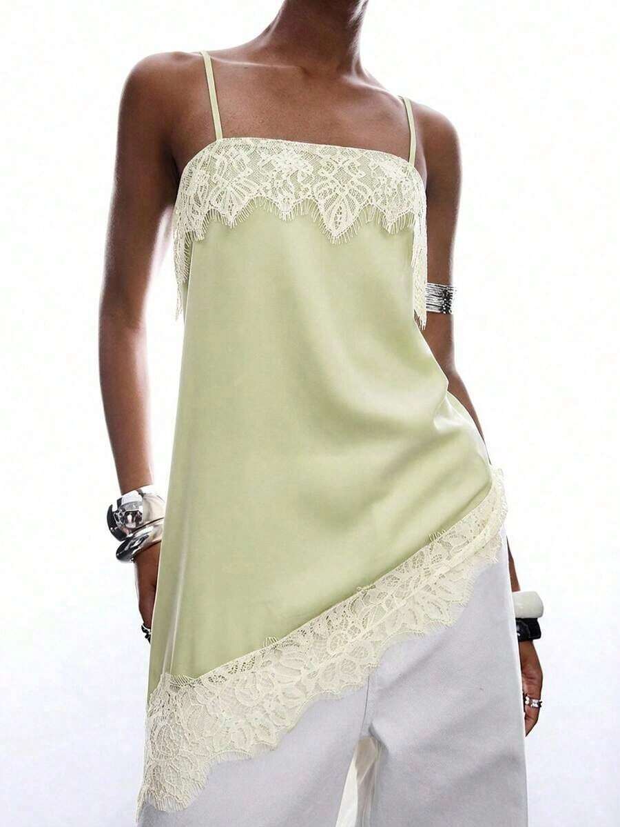 Camiseta de mujer con encaje asimétrico y contraste - Verde - Ver 1