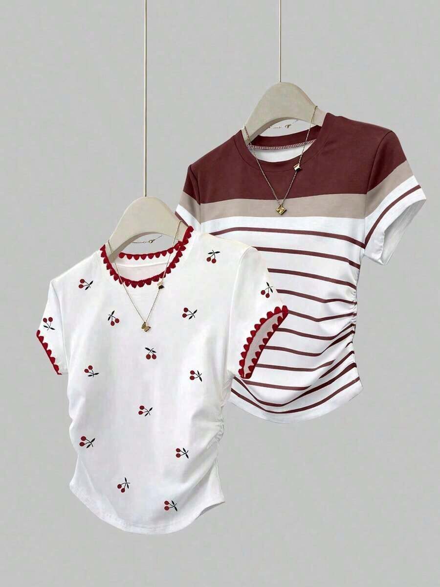 Set de 2 blusas de verano para mujer, camisetas con cintura ceñida, diseño de unicolor, burdeos y negro clásicos, de alta gama, para estudiantes, uso casual diario, adecuado para salir, ir de compras, usar en la oficina - Multicolor 7 - Ver 1