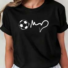 Women's Football Jersey With A Heartbeat Print, Short Sleeves, Crew Neck, Casual Summer Style, Machine Washable, Suitable For Casual Football Wear, A Great Gift For Female Players. Casual Crew Neck T-Shirt, Comfortable Women's Clothing. - 黑色 - 查看 6