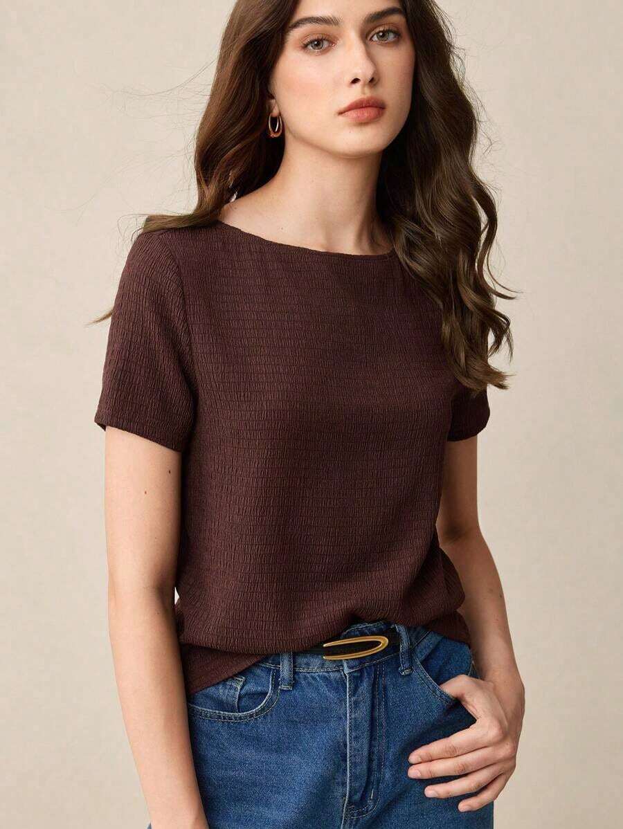 Nueva camiseta de punto texturizada con cuello de barco color café con leche, diseño de lazo ajustable en la cintura, versátil para la oficina, el transporte, los negocios, las ocasiones sociales, estilo Y2K - Café integral - Ver 1