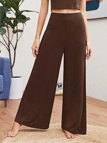Pantalones holgados de pierna ancha de un solo color tipo palazzo, pantalones casuales de cintura alta y pierna ancha de viscosa negra suelta para mujeres, para uso profesional/de oficina/ropa de trabajo - Marrón - Ver 11
