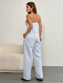 Conjunto informal de 2 piezas con top de tirantes con nudo delantero y rayas y pantalones para mujer - Niebla azul - Ver 2