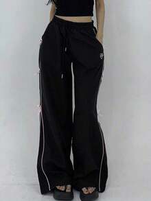 Pantalones casuales de pierna ancha con cordón en contraste y ribeteamionto - Negro 3 - Ver 8
