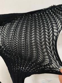 Vestido de playa para mujer tipo body con manga larga calado y malla, color negro - Negro - Ver 6