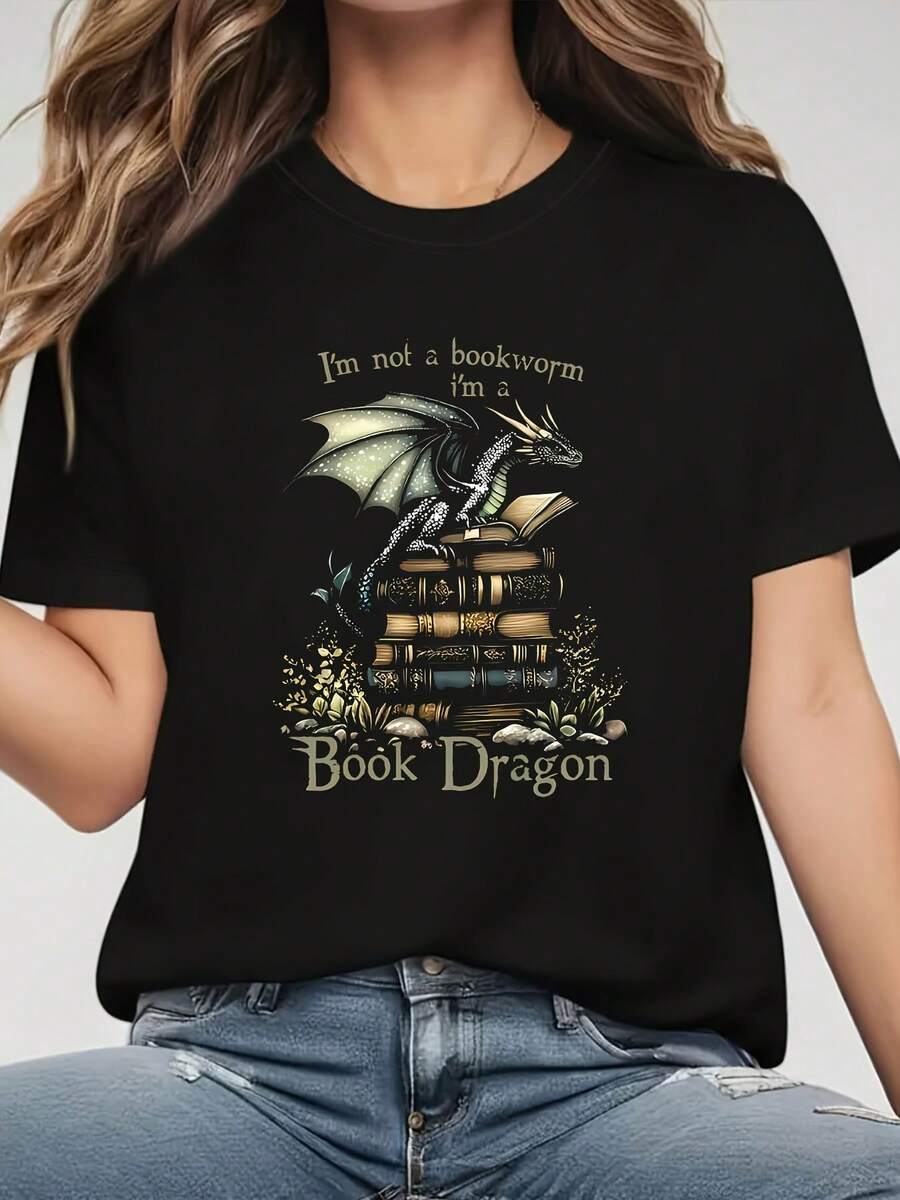 Talla grande, camiseta para mujer de talla grande con estampado gráfico "No soy un ratón de biblioteca, soy un dragón de libros", manga corta, cuello redondo, top casual para verano y primavera, ropa de mujer - Negro - Ver 1