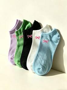 1/5 Pairs Women's Solid Color Bow Tie Boat Socks, Sweet & Comfortable Breathable Invisible Socks, Suitable For Daily Wear, Home, All Seasons - Multicolor - View 3