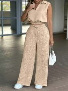 Conjunto casual versátil de blusa sin mangas con cuello vuelto y pantalones largos casuales con cintura elástica y cordón - Albaricoque - Ver 6