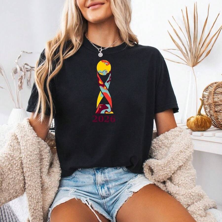 CAMISETA UNISEX DE MANGA CORTA CON TEMÁTICA DE LA COPA MUNDIAL 2026, NUEVA, DE ALGODÓN PURO, CASUAL, DE TALLA GRANDE, DE CUELLO REDONDO Y CORTA. - Negro - Ver 1