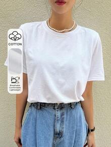ropa de calor mujer Camiseta Sólida Con Cuello Redondo - Blanco - Ver 1