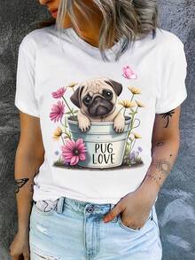 1 pieza de camiseta con estampado divertido de pug y flores, camiseta para amantes de los pugs, 180g 100% algodón - Negro - Ver 6
