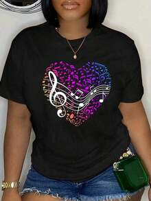 1 pieza de camiseta casual para mujer, 100% algodón, con estampado de notas musicales, corazón y clave de sol, camiseta de música para mujer y hombre, de corte holgado, cómoda y suave, con cuello redondo, camiseta premium para mujer, estilo Y2K, camisetas de moda de verano, camisetas casuales de estilo urbano. - Negro - Ver 5