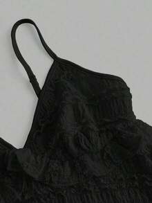 Blusa de tirantes de mujer con volantes de tela texturizada de unicolor para el verano y vacaciones - Negro - Ver 3