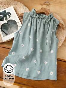 Blusa sin mangas con estampado floral diminuto y cuello con volantes, casual de verano para mujer - Verde - Ver 7