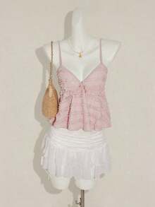 Blusa de tirantes de mujer con volantes de tela texturizada de unicolor para el verano y vacaciones - Rosa - Ver 5