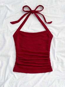 Parte superior corta ajustada con cuello de halter casual para vacaciones de mujer, verano de mujer, sin espalda, ropa de vacaciones de mujer, lunares, primavera de mujer, verano, parte superior para salir de mujer, vacaciones de mujer - Burdeos - Ver 4