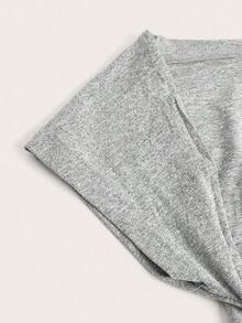 Camiseta casual de mujer de cuello de pico, manga corta y ajustada, versátil - Gris - Ver 4