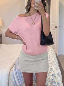 Camiseta holgada de punto acanalado de cuello oblicuo de longitud regular, adecuada para el uso diario, las vacaciones, versátil y cómoda, Moda Primavera/Verano 2026 para Mujer - Rosa - Ver 4