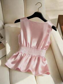 Blusa ajustada sin mangas con cuello y detalles de perlas falsas para mujer - Rosa - Ver 2