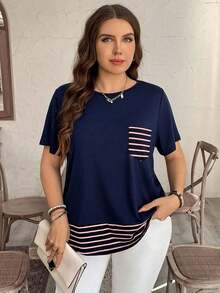 Camiseta casual de talla grande con bolsillo y rayas de contraste, prenda de vestir occidental estilo boho bohemio, top de festival de los 90, verano y primavera - Multicolor 2 - Ver 5