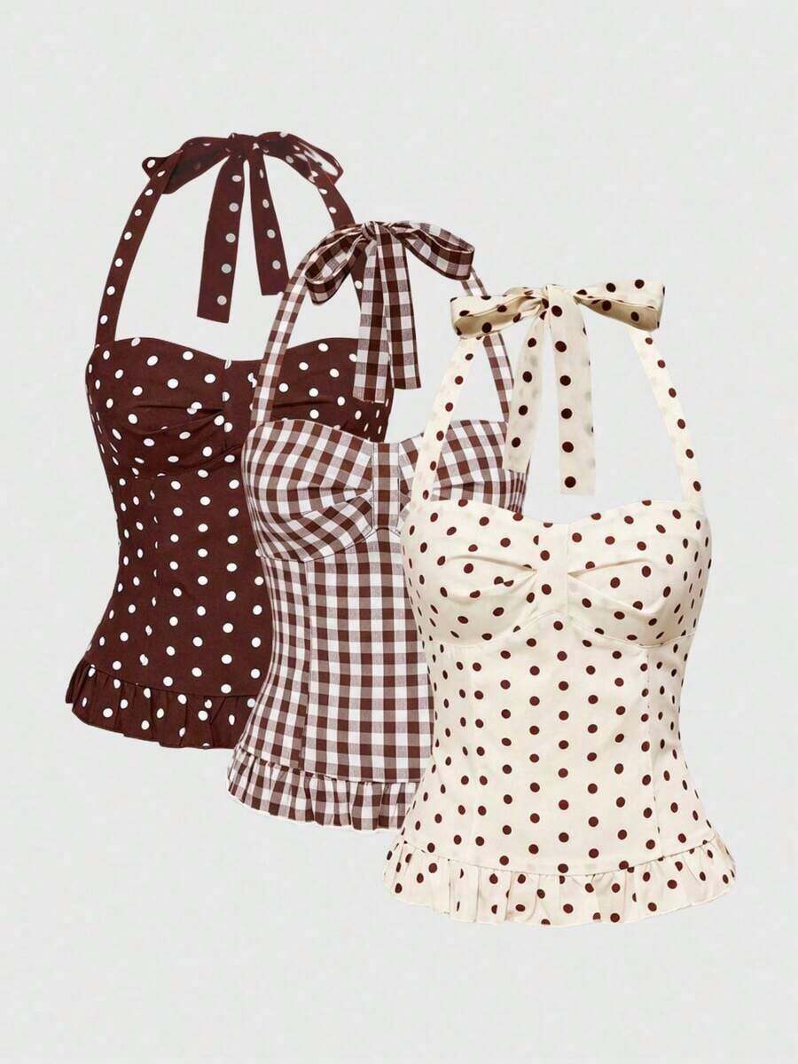 Avant Conjunto de camiseta sin espalda con cuello halter de estilo romántico de vacaciones con lunares y cuadros para mujer - Marrón Mocha - Ver 1