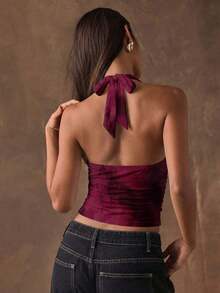 Blusa de mujer con escote halter y espalda descubierta con estampado de leopardo, adecuada para vacaciones de verano y fiestas - Multicolor - Ver 3