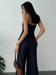 Nuevo conjunto de verano elegante de vacaciones de 2 piezas de lino, con top de cintura fruncida y espalda descubierta de dobladillo asimétrico en color albaricoque y pantalón largo de cintura alta - Azul marino - Ver 2