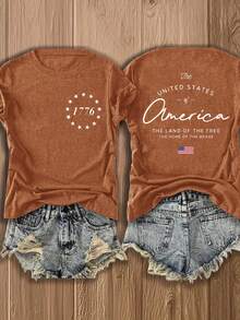 Camiseta de manga corta con cuello redondo para mujer, estilo europeo y americano, ligera y transpirable, con un diseño de inspiración estadounidense que presenta los motivos de 1776 y la bandera nacional, adecuada para uso casual en otoño, una blusa estampada a la moda y cómoda, versátil y de estilo urbano - Transpirable y agradable para la piel. - Gris - Ver 7