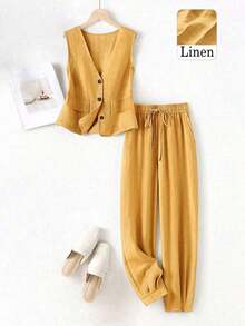 Conjunto de blazer, chaleco y pantalones de lino casual para mujer, color rosa para primavera/verano - Amarillo Mostaza - Ver 7