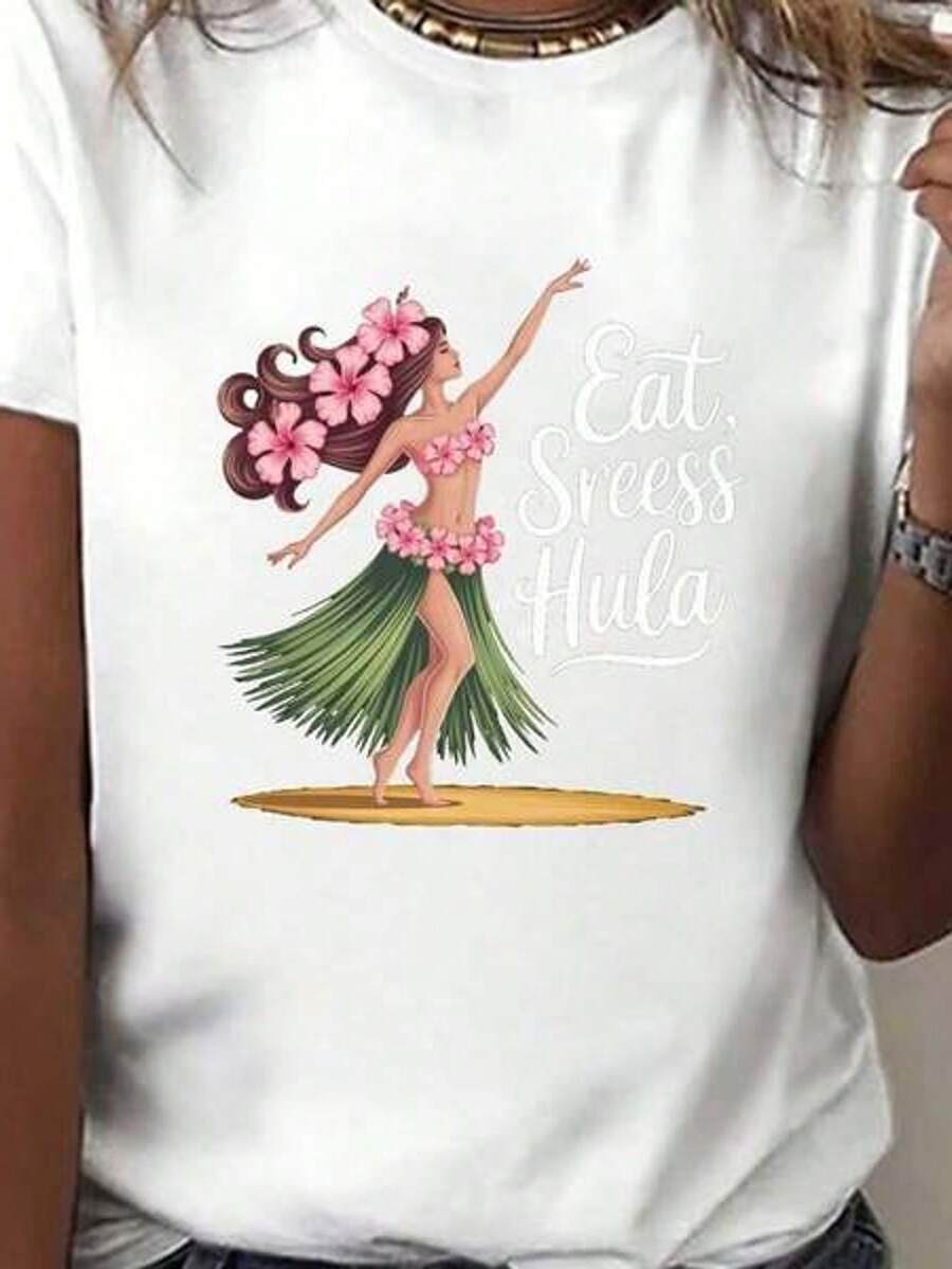 Women's Hawaiian Print T-Shirt - Eat, Sleep Hawaiian And Hibiscus Short Sleeve Crew Neck Design - Tropical Luau Outfit For Hawaiian Dance Costumes And Summer Wear - Machine Washable Hawaiian Casual Wear For All Body Types White CLL T-Shir-3503 - 白色 - 查看 1