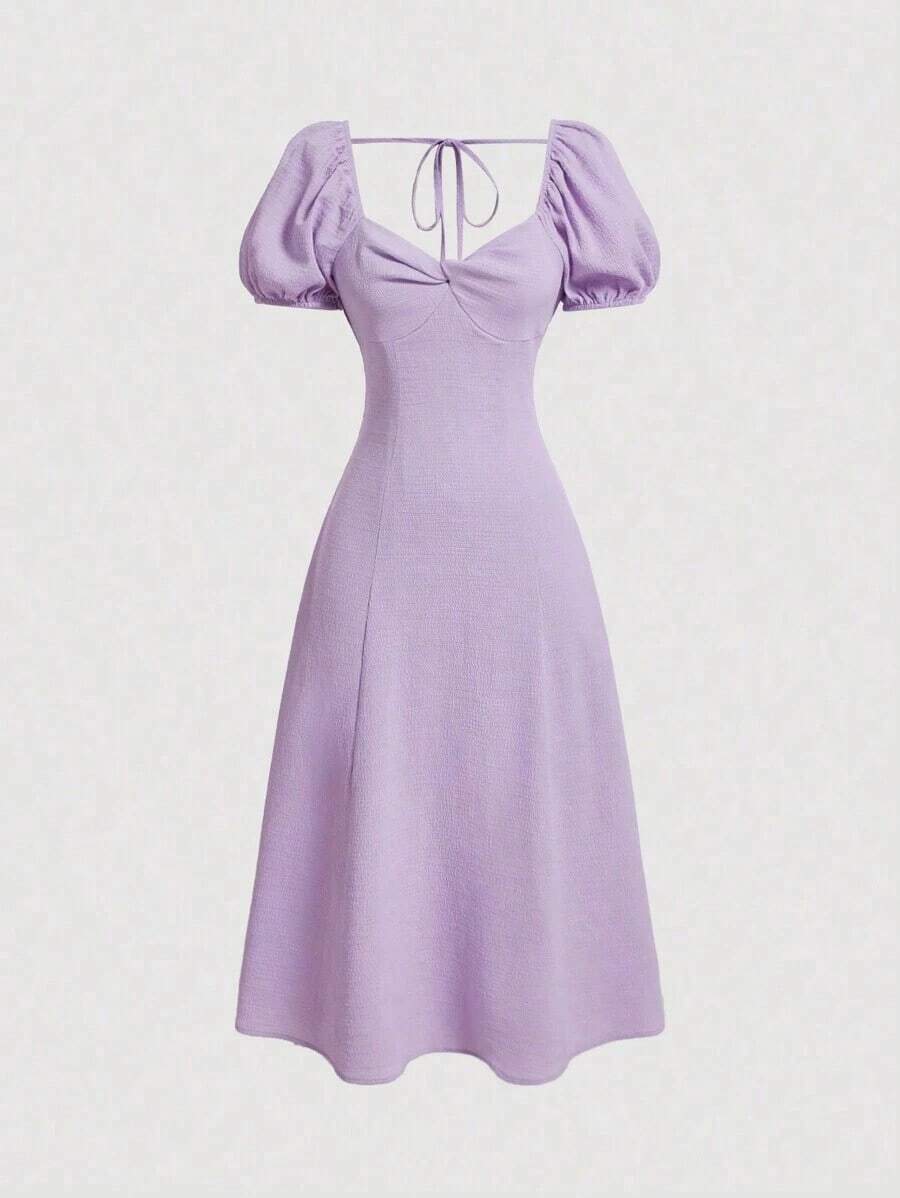 MOD Vestido de verano elegante de mujer de unicolor con mangas abullonadas y cintura ceñida - Morado - Ver 1