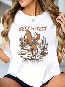 1 pieza Camiseta blanca de mujer con estampado de vaquera, caballo y cactus, cuello redondo, casual de aodón, tejido de punto elástico de uste regular, talla S-XXXL para damas - Blanco - Ver 2