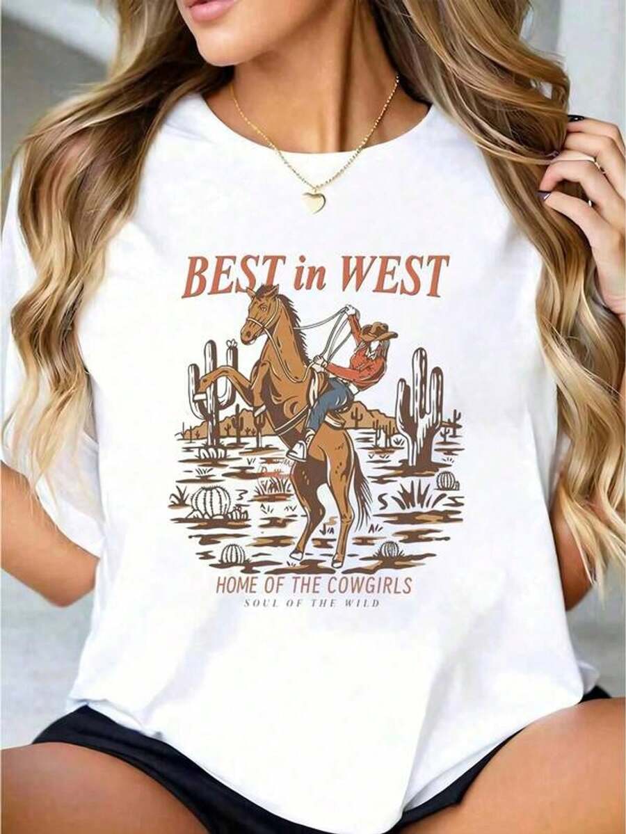 1 pieza Camiseta blanca de mujer con estampado de vaquera, caballo y cactus, cuello redondo, casual de aodón, tejido de punto elástico de uste regular, talla S-XXXL para damas