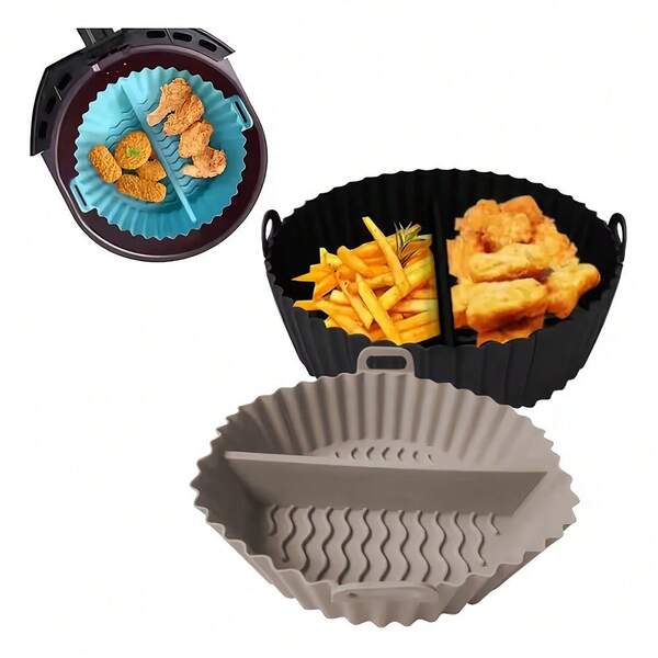 1 miếng lót nồi chiên không dầu bằng silicon chia ngăn - Chịu nhiệt (dùng được cho nồi chiên không dầu và lò nướng 3.5-5.8L), có thể tái sử dụng và rửa được bằng máy rửa chén, thiết kế chia ngăn và tay cầm chống trượt, lý tưởng cho khoai tây chiên, rau củ, chuẩn bị bữa ăn, tiệc tùng - Món quà ngày lễ hoàn hảo, phụ kiện nồi chiên không dầu, chuẩn bị thức ăn cho tiệc, tay cầm dễ dàng lắp đặt.
