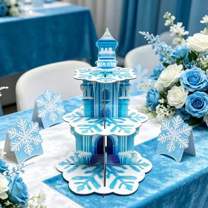 1/2pcs 3-Tier Blue & White Snowflake Castle Cupcake Stand, Winter Wedding Dessert Display, Birthday, Christmas, Baby Shower, Princess Party Table Decor