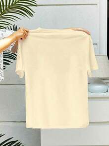 Camiseta de Verano con Estampado Floral de Flores, Cuello Redondo, Manga Corta, Estilo Casual Minimalista Fresco para Vacaciones, de Algodón Puro con Estampado de Letras. - Albaricoque - Ver 5