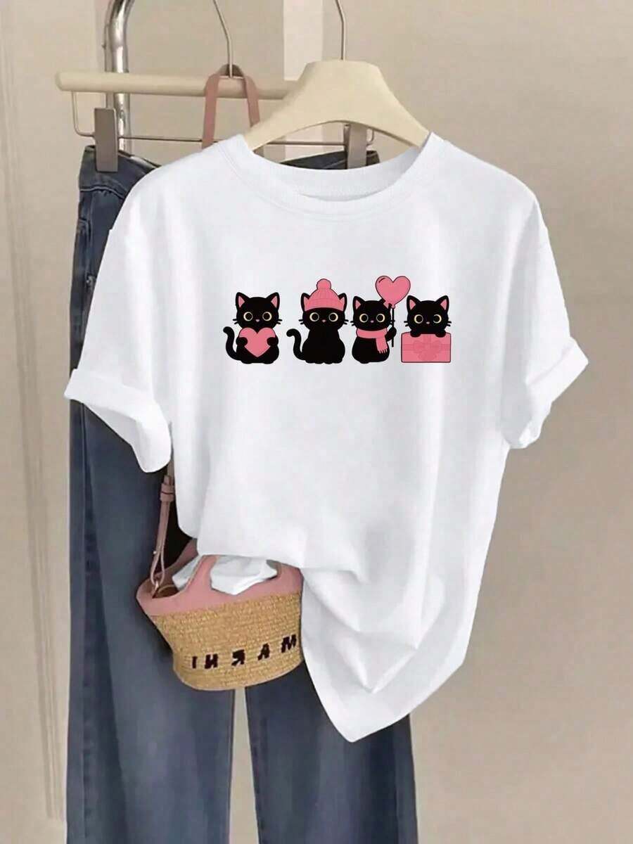 Camisetas de Tallas Grandes para Mujer - Camiseta Holgada de Hombros Caídos, Tops Casuales de Manga Corta, Estampado de Gato Negro, Moda para el Día de San Valentín - Camiseta de Manga Corta Estampada Versátil y Transpirable para Mujer, Moda Primavera/Verano, Transpirable y cómoda. - Blanco - Ver 1