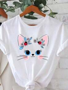 Camiseta de estilo femenino y enérgico con estampado de gato, mariquita y flor, diseño de gato lindo, talla grande, moda casual para mujer, cuello redondo, primavera/verano, adecuada para uso diario, compras, fiestas, desplazamientos, versátil, elegante para mujeres, transpirable y cómoda. - Blanco - Ver 10