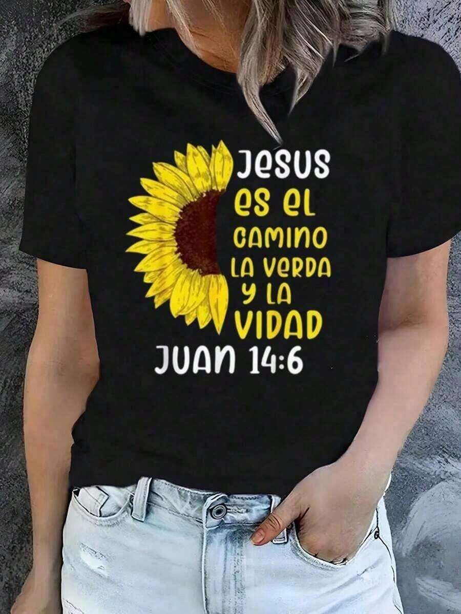 Limited EditionMininalistPlayera Negra Oversize con Versículo Bíblico JUAN 14:6 y Girasol, Camiseta de Fe Cristiana Jesús el Camino, Blusa de Cita Espiritual y Adoración, Tops Regalo para Servicio DominicalNew Summer Women's-shirt, Casual and Comfortable Crew Neck TopLightweight Cotton - Negro - Ver 1