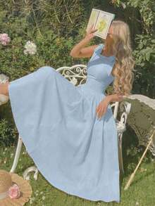 Vestido color albaricoque con cuello redondo, sin mangas, con ribete de contraste, lazo decorativo en la cintura y bajo acampanado - Celeste - Ver 7